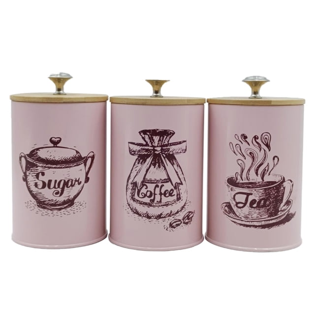 Abbracc 3Pcs Coffee Tea Sugar Containers Set Kitchen Canisters Set Iron Decor Organizer Pink
