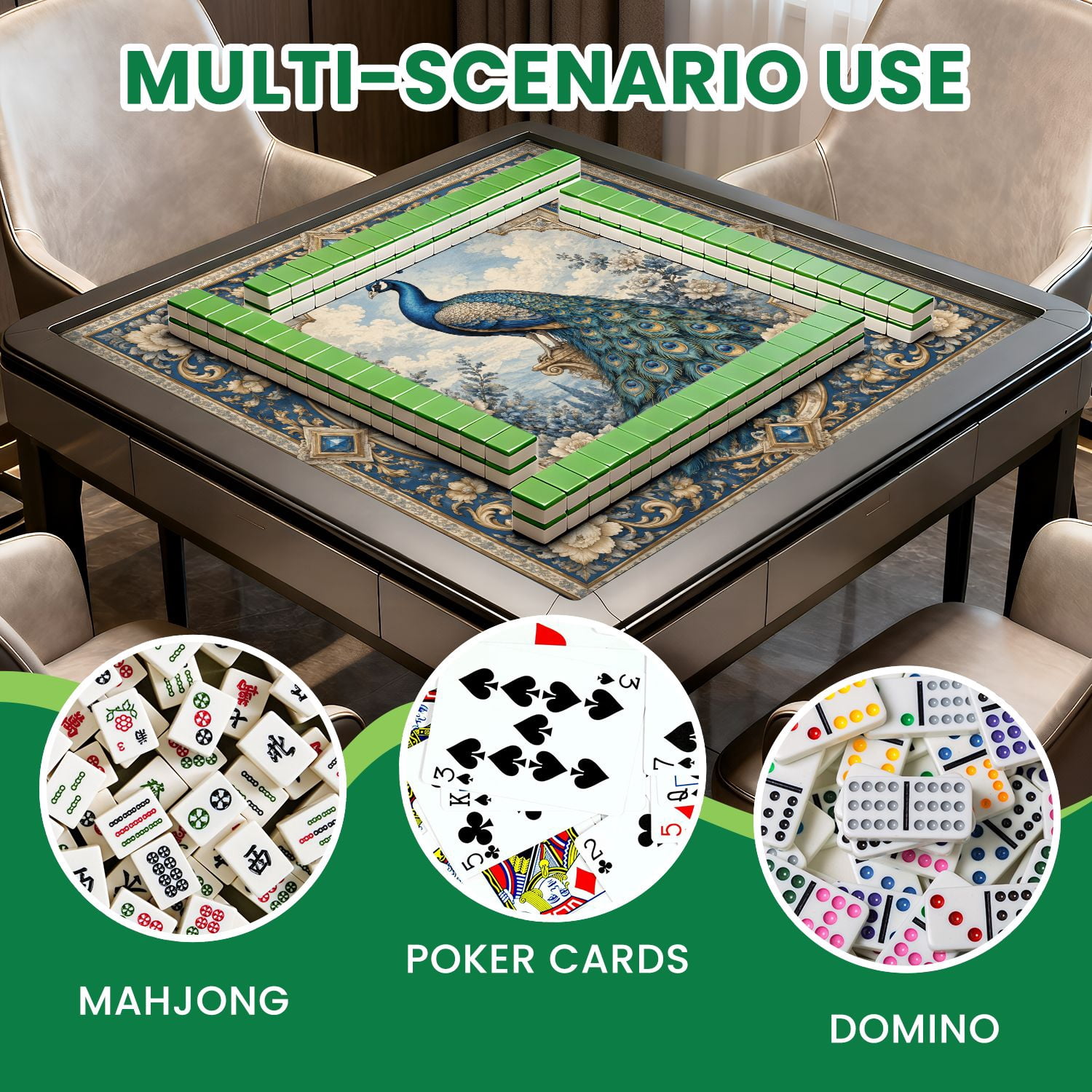 Mahjong Mat 31.5" x 31.5" Peacock Blue Teal Intricate Decorative Framing Non-Slip Noise Reduction Mahjong Tiles Table Cover for Dominoes Poker Card Board and Tile Games