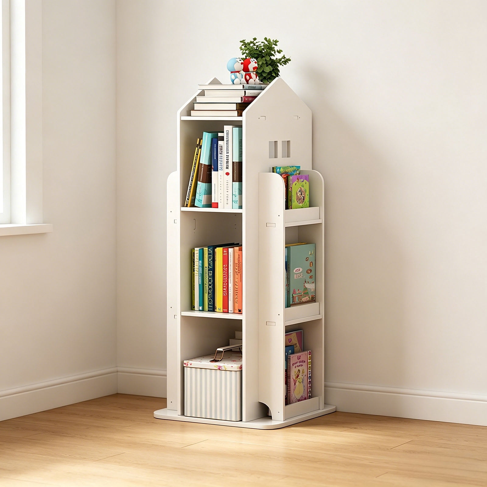 4-Tier Rotating Bookshelf, 360 Degree Display Book Shelf for Bedroom Living Room Study Room, Floor Standing Bookcase for Kids, PVC Wood-Plastic Board, White