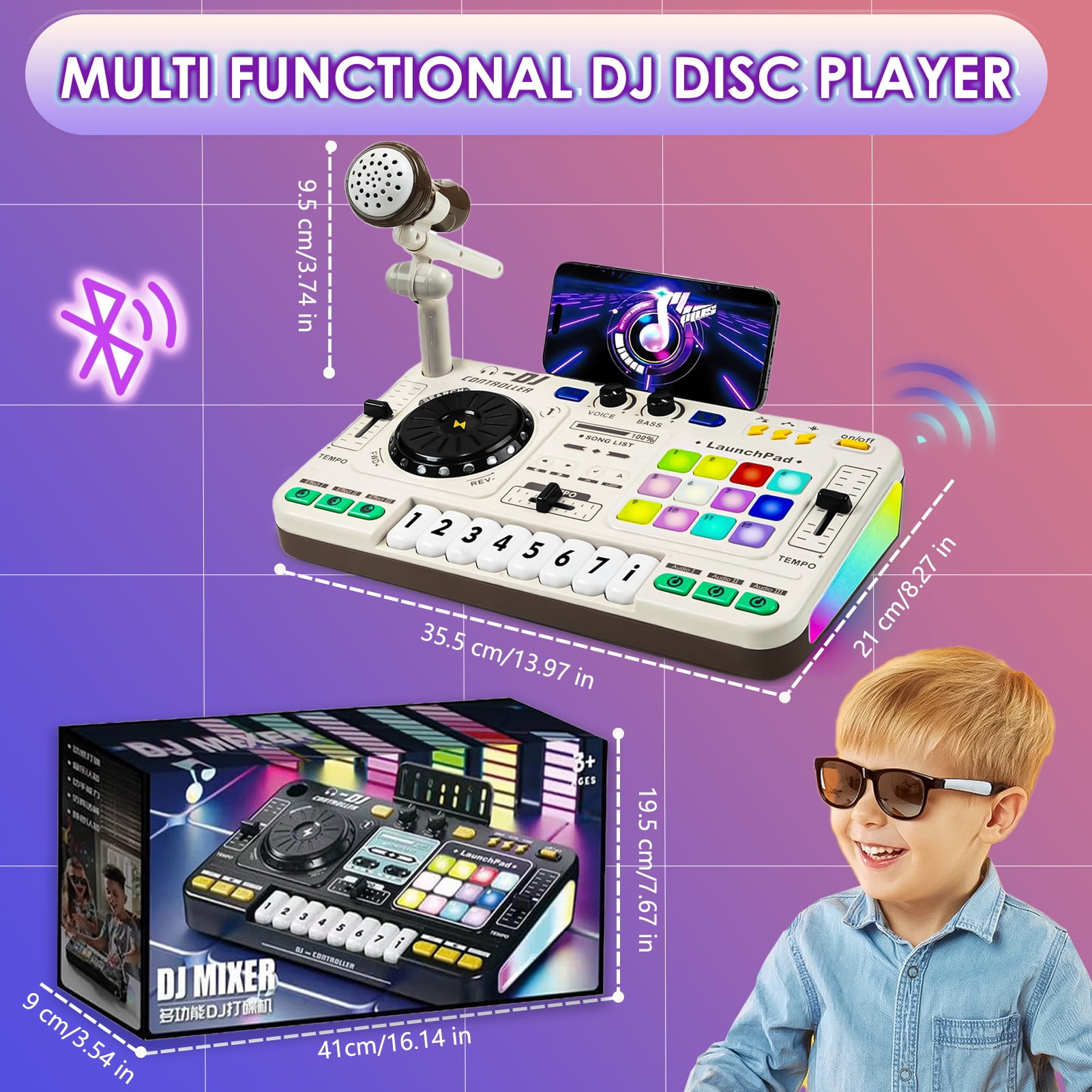 Sunforu DJ Toy Set for Kids, Toddler Musical DJ Mixer Toys with Lights Sounds & Bluetooth-enabled, Multi-functional Musical Instrument, Best Gift for Ages 4+
