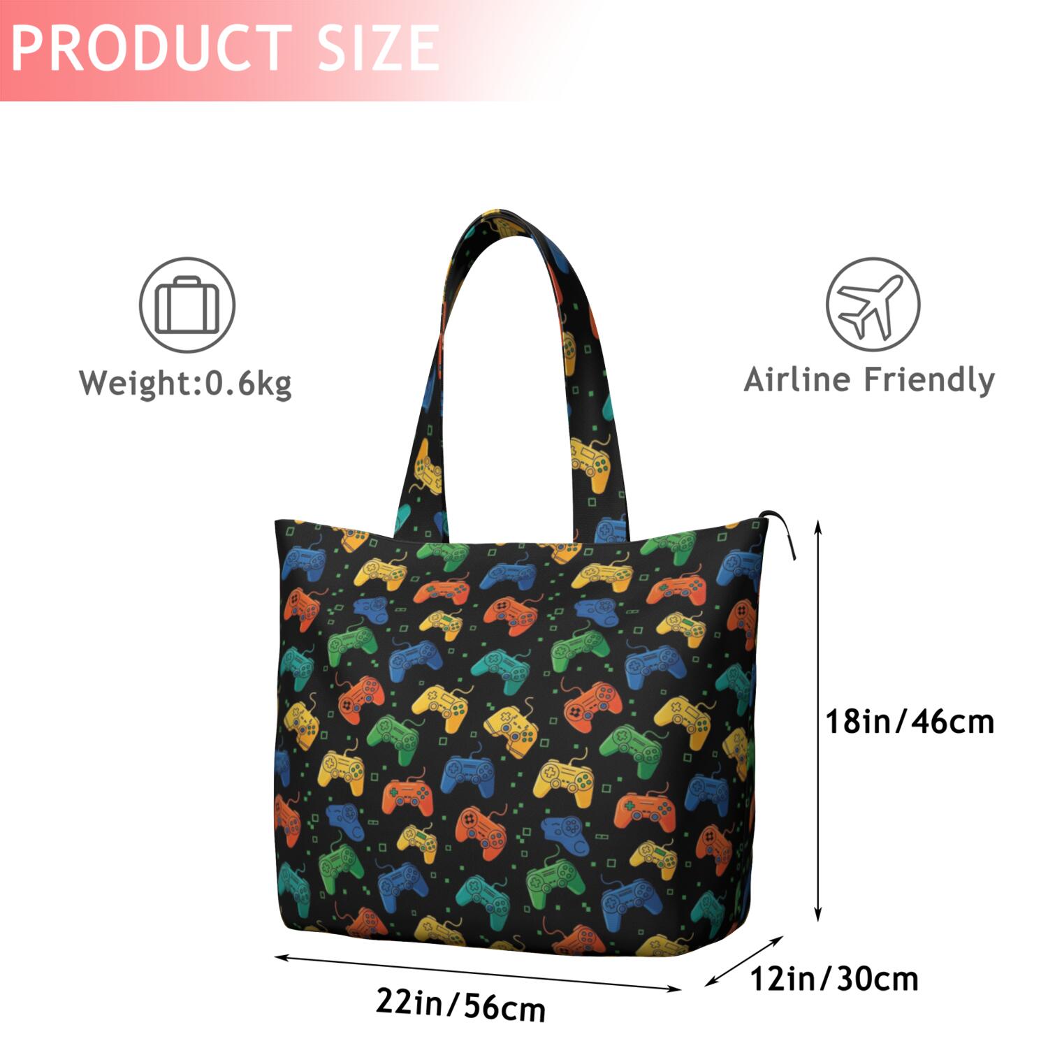 Multicolor Controllers Games Icons Black Pattern Travel Tote Bags for Women Carry On,Large Weekender Bags for Women Travel,Multi Functional Duffle Bag for Work,Shopping,Sports