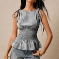 thumbnail image 2 of Women Cute Boat Neck Tie Shoulder Plaid Print Tank Top Y2k Slim Fit Sleeveless Ruffle Hem Smocked Cami Shirt Black M, 2 of 6