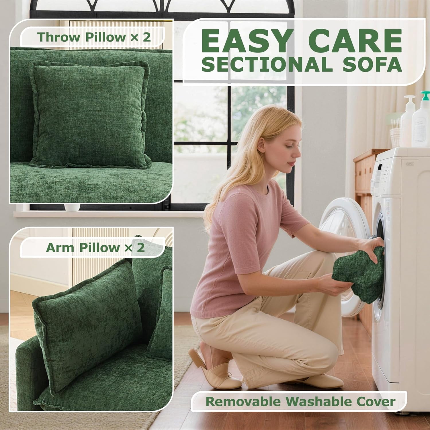 VEPXXP 75.9" Chenille Modular Loveseat, Deep Seat 2-Seater Couch with 4 Throw Pillows, Modern Cloud Sofa for Living Room Apartment Small Space, Green