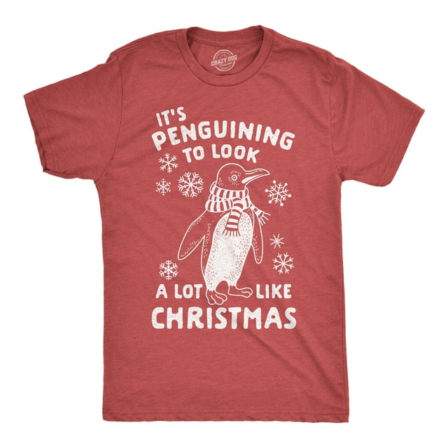 Mens It's Penguining to Look A Lot Like Christmas T Shirt Funny Holiday Penguin Xmas Tee (Heather Red - Penguining) - 3XL