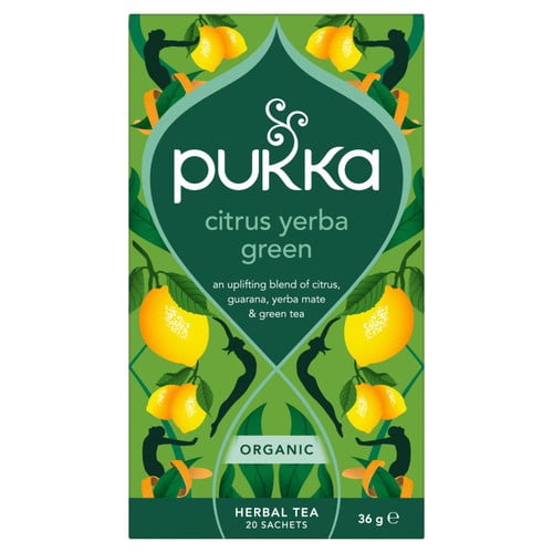Pukka Herbs Organic Citrus with Yerba Mate Green Tea Bags 20's, British Import (Pack of 3)