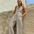 thumbnail image 5 of Women's Solid Color Sleeveless Casual Set in Beige with Vintage Vacation Style, 5 of 13
