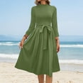 thumbnail image 2 of WTOBBY Women's Solid Color Belted Round Neck 3/4 Sleeve Dress, Minimalist Midi Sundress with Casual Elegance for Everyday Wear,Army Green M, 2 of 5