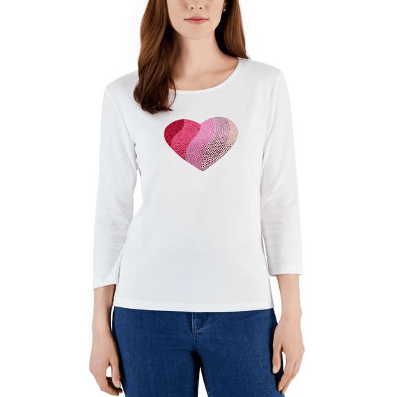 Karen Scott Women's Gem Heart Graphic Pullover Top Bright White L