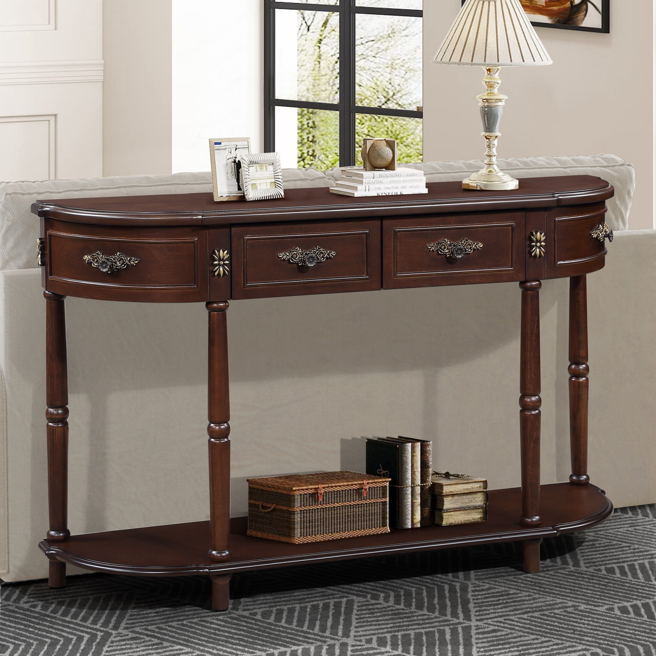Aukfa Console Table, 52" Retro Half Moon Sofa Table with 2 Drawers and Shelf for Living Room/Hallway, Espresso