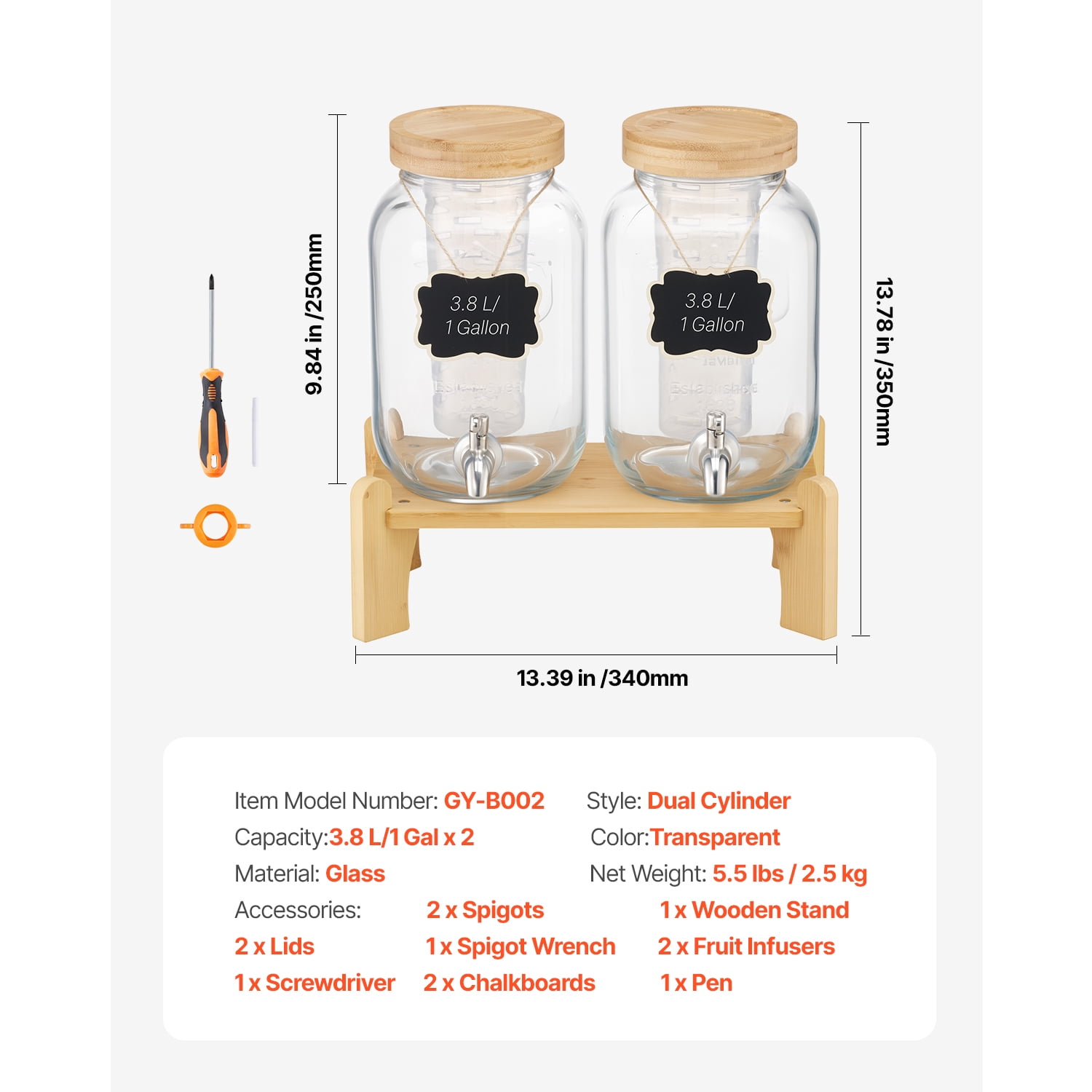 KFFKFF Set of 2 Glass Beverage Dispensers with Wooden Stand, 1-Gallon Capacity, Stainless Steel Spigot, and Infuser – Ideal for Serving Juice, Iced Tea, Lemonade, or Water at Gatherings