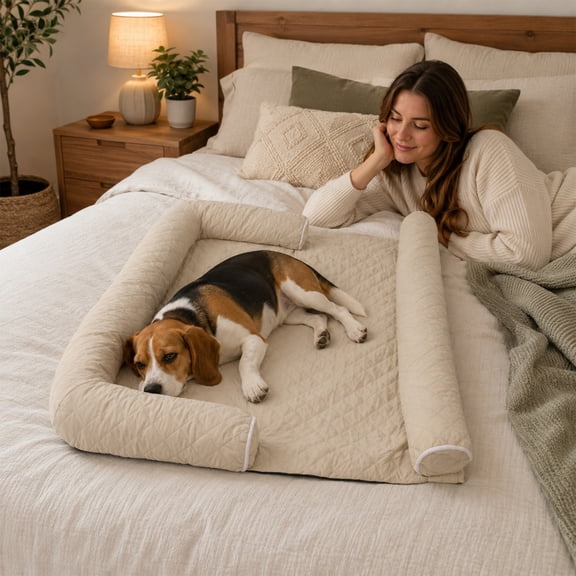 Cooling On-Bed Dog Bed for Human Bed, 37" x 38.4" Pet Co-Sleeper Bed with Pillow, Raised Bolster Pet Sofa Bed, Non-Slip, Washable, for Small, Medium and Large Dogs, Beige