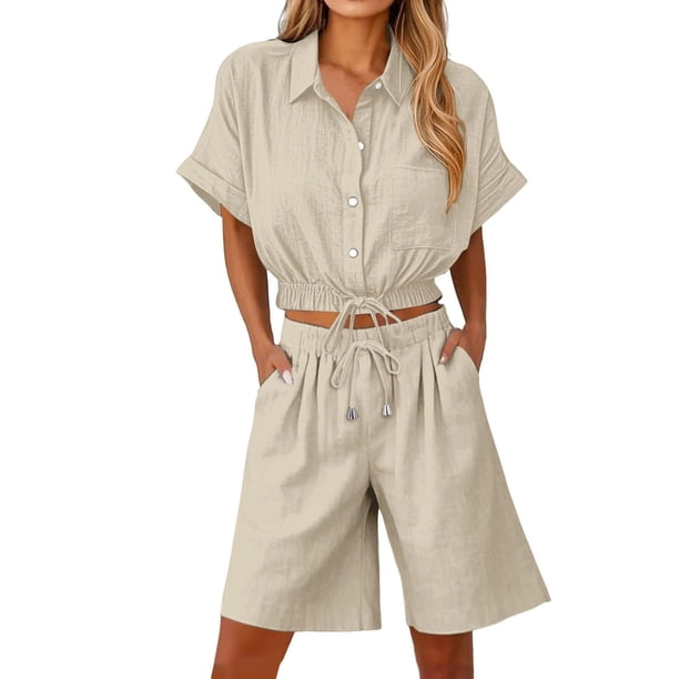 Vestidos Casuales Para Mujer, Blusas De Mujer De Moda Conjunto de blusa y pantalones cortos de lino para mujer, con solapa, manga corta y botones sueltos, para verano