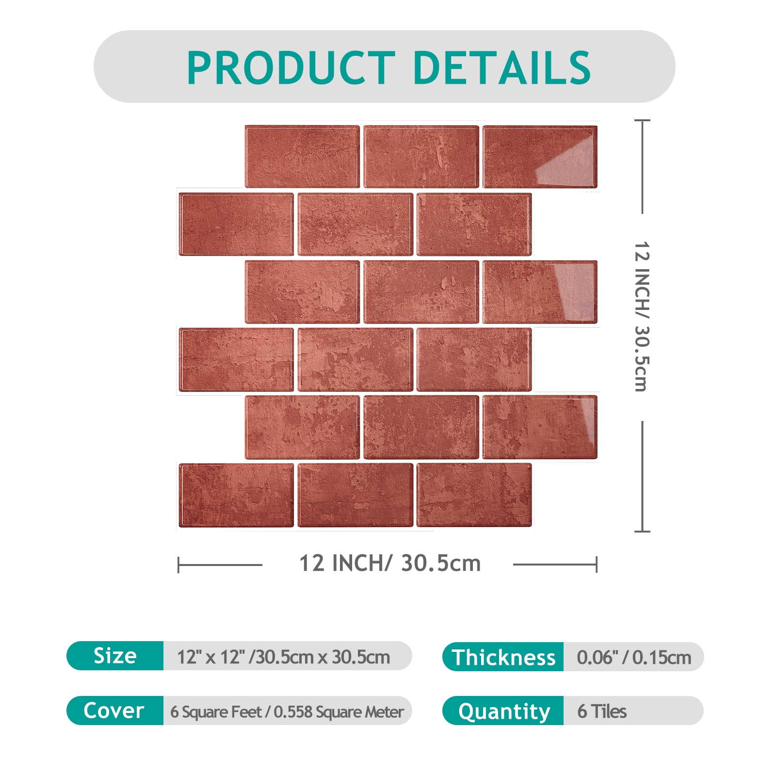VEELIKE Retro Brick Peel and Stick Tiles Backsplash for Bathroom 12"x12" Glossy Terracotta Subway Tile Peel and Stick Backsplash for Kitchen Waterproof Self Adhesive Vinyl Wall Panels 6 Sheets