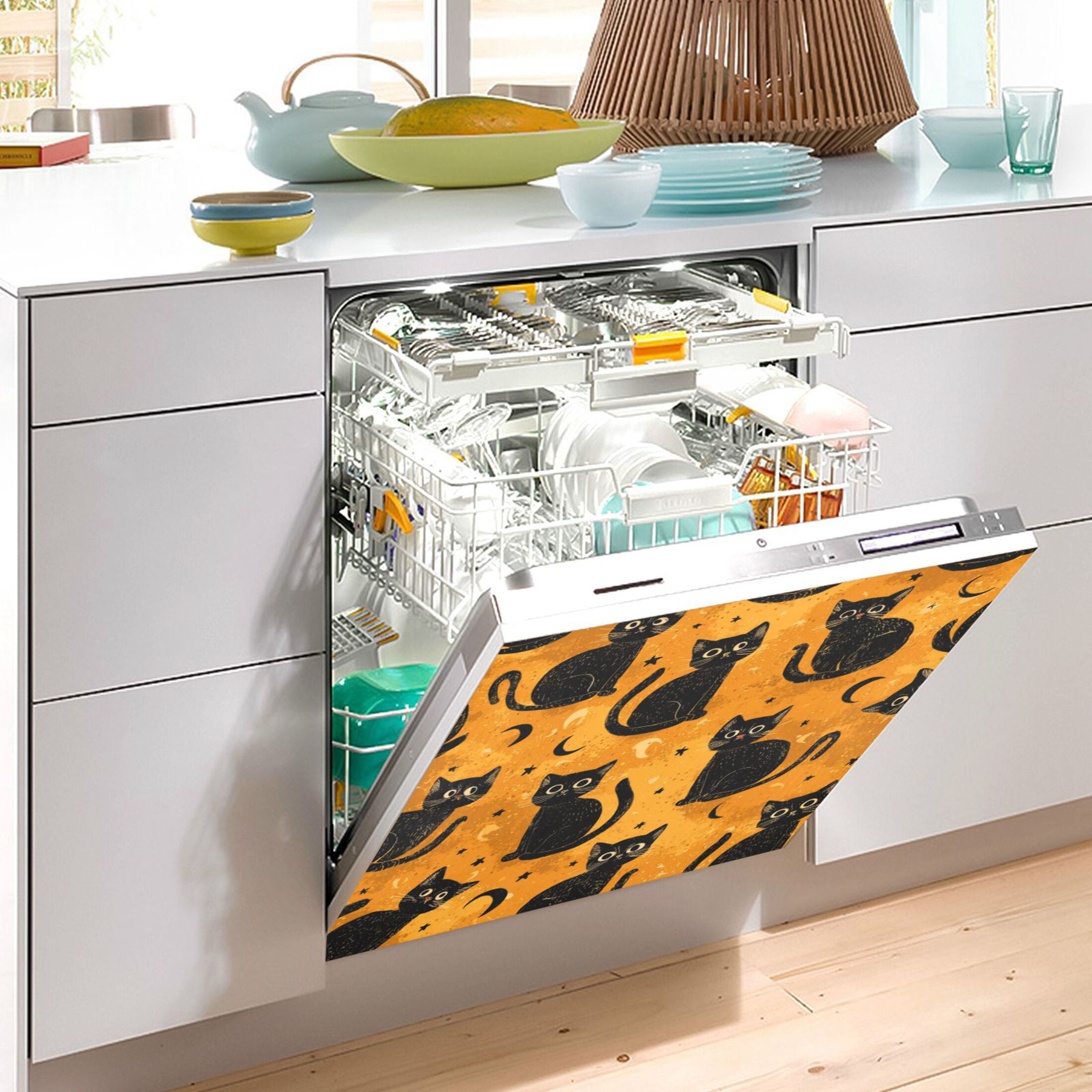 Dishwasher Magnetic Refrigerator Magnet Cover Sticker Home Decorative 23"x26" Repeating Mysterious Black Cat Pattern