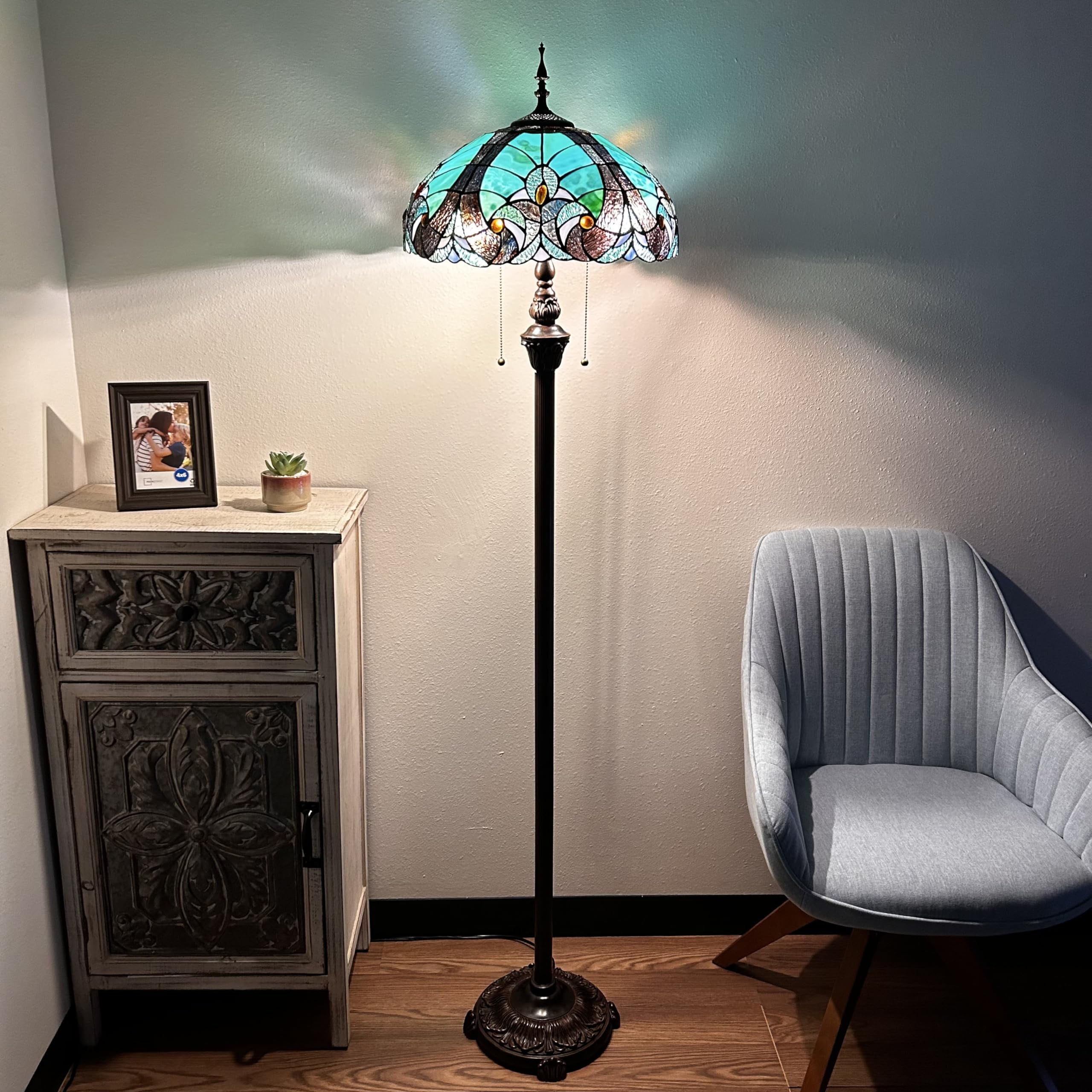 Tiffany Floor Lamp Green Brown Stained Glass LED bulbs included Pull Chain Switches For Living Room Bedroom Bedside 16"W*16"D*64"H