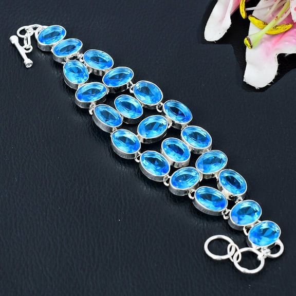 Swiss Blue Topaz Gemstone Handmade 925 Sterling Silver Bracelet 7-8"