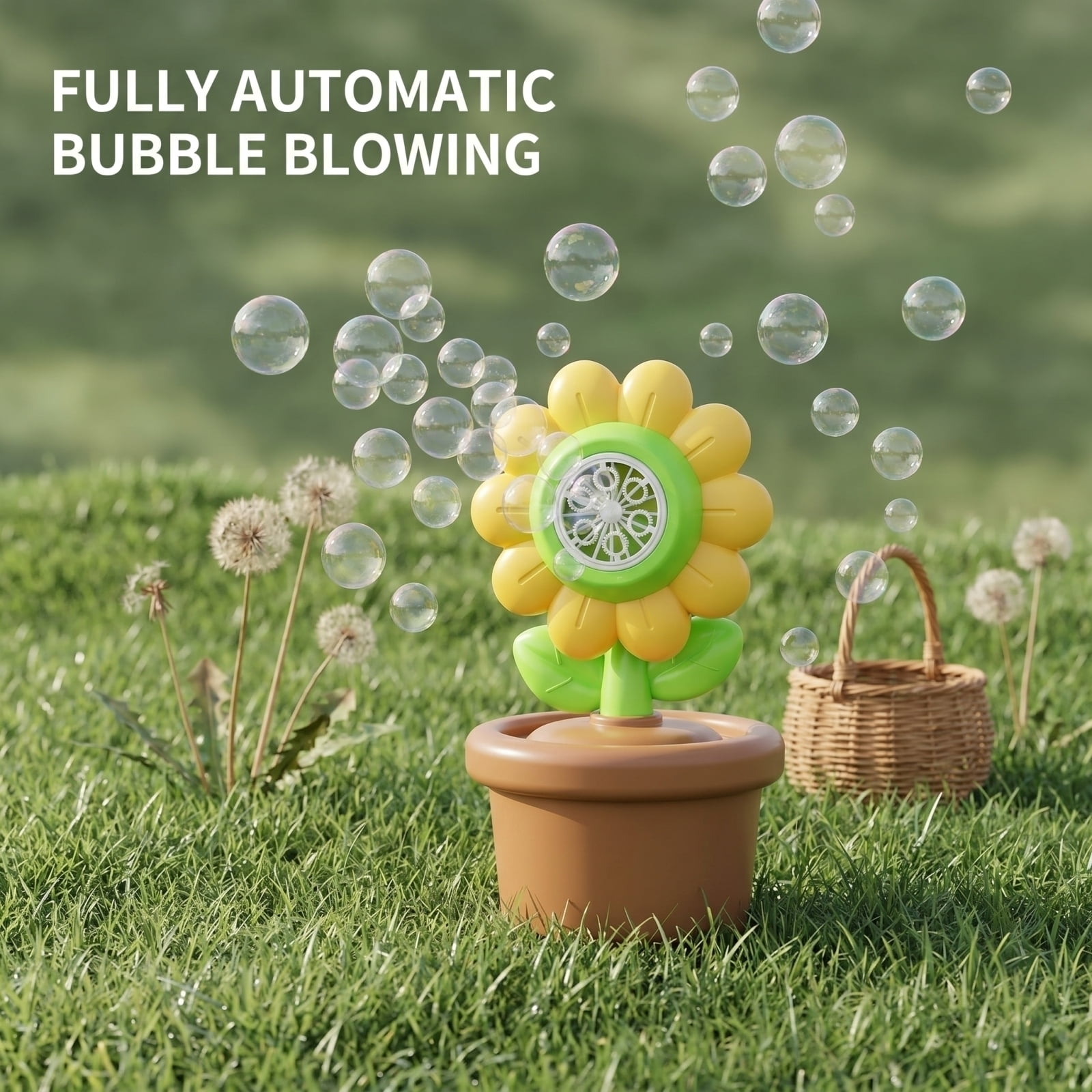 Electric Sunflower Bubble Blowing Machine with LED Lights and Music, Complete Set with Bubble Solution and Battery for Outdoor Parties and Backyard Fun (Yellow)
