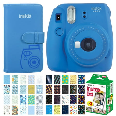 Dream Gift! Fujifilm Instax Mini 9 Instant Film Camera Cobalt Blue + Fuji Instax Prints Pocket Album Blue + High Quality Film Twin Pack + Solar & Baby Boy Themed Photo Frames - Fun (Best Quality Pocket Camera)