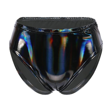 YONGHS Women s Shiny Metallic Booty Shorts High Cut Panty Briefs Cheeky Rave Dance Festival Bottoms Black A M