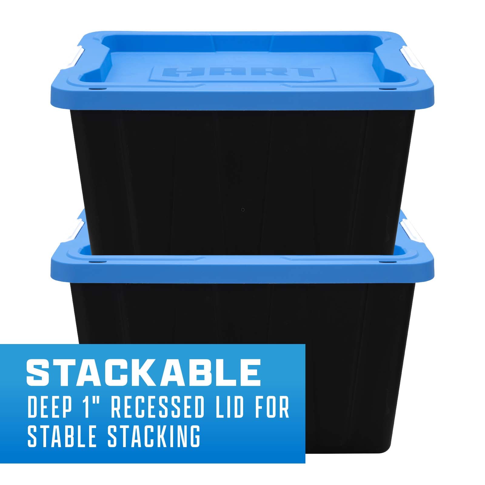 HART 12 Gallon Heavy Duty Latching Plastic Storage Bin Container, Black with Blue Lid, Set of 4