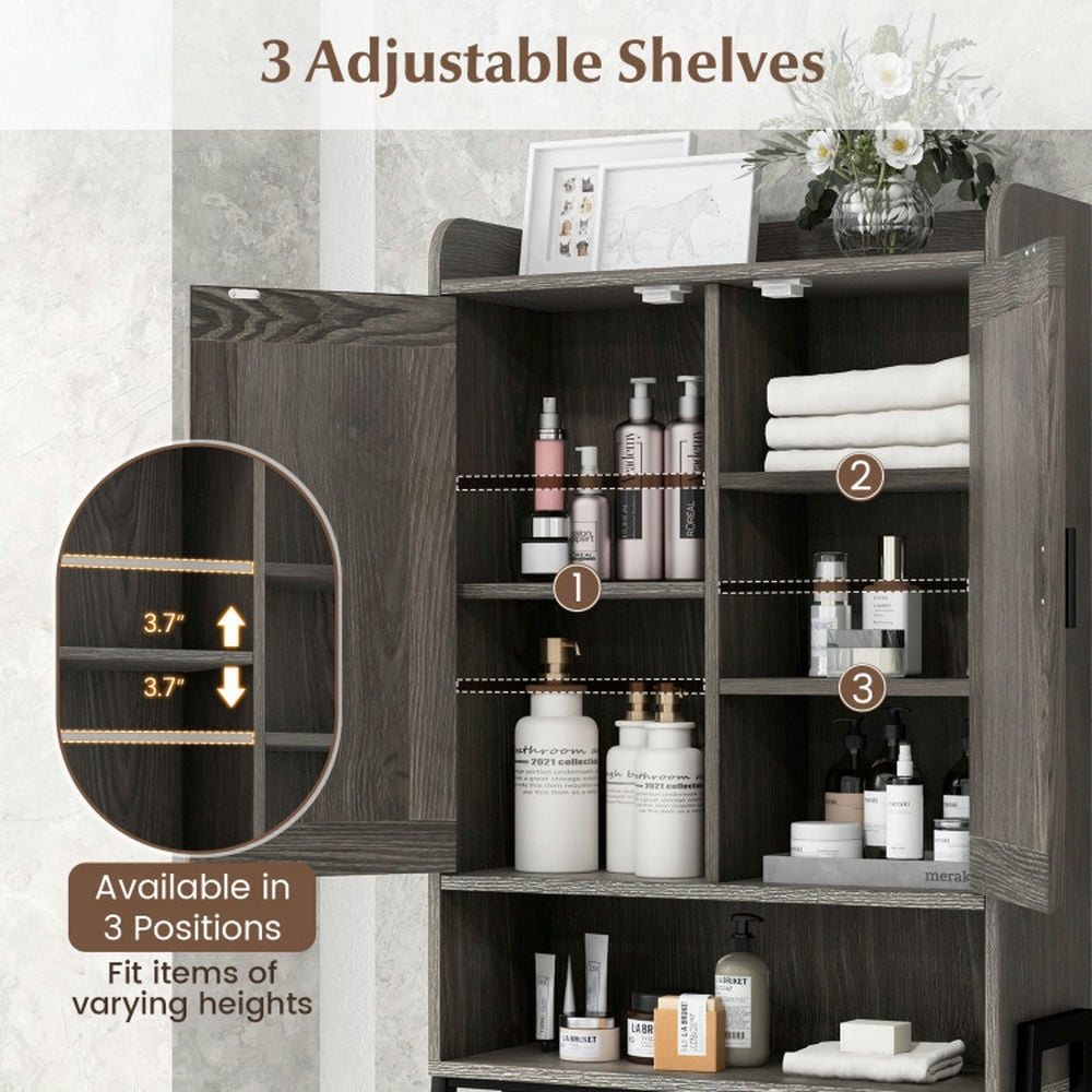 Finihen Toilet Storage Cabinet, Bathroom Cabinet Organizer, Over the Toilet Storage Cabinet Space Saver Organizer with Double Doors, for Bathroom, Gray