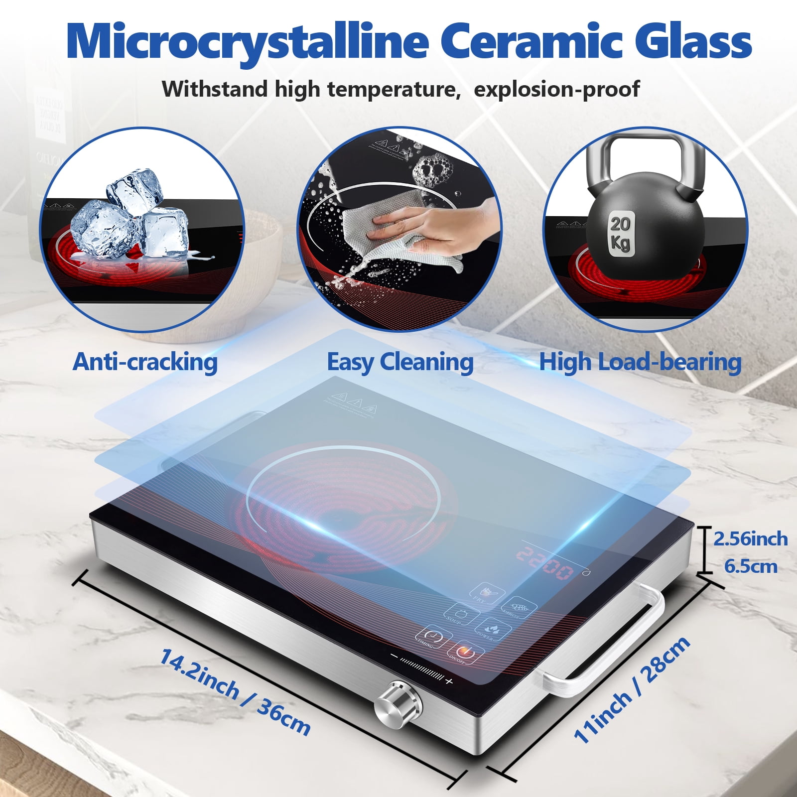 Infrared Single Burner Electric Stove, Portable Small Counter Top Hot Plate for Cooking, 2200W Ceramic Glass Infrared Burner with Touchscreen LCD Display