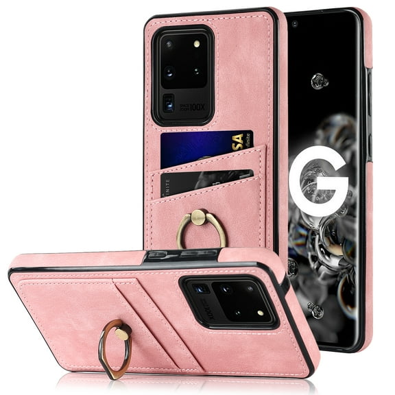 Fit for Samsung Galaxy S20 Ultra Case Card Pocket 360° Rotatable Ring Holder Kickstand, Shockproof Drop Resistant PU Leather Soft TPU Back Protective Phone Case For Samsung Galaxy S20 Ultra, Pink