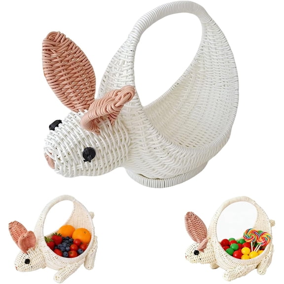 Rabbit-Shaped Wicker Storage Basket, Handwoven Rattan Basket for Fruits, Bread, Toys & Home Decor, Farmhouse & Easter Decor (10.2x13.3 inch)
