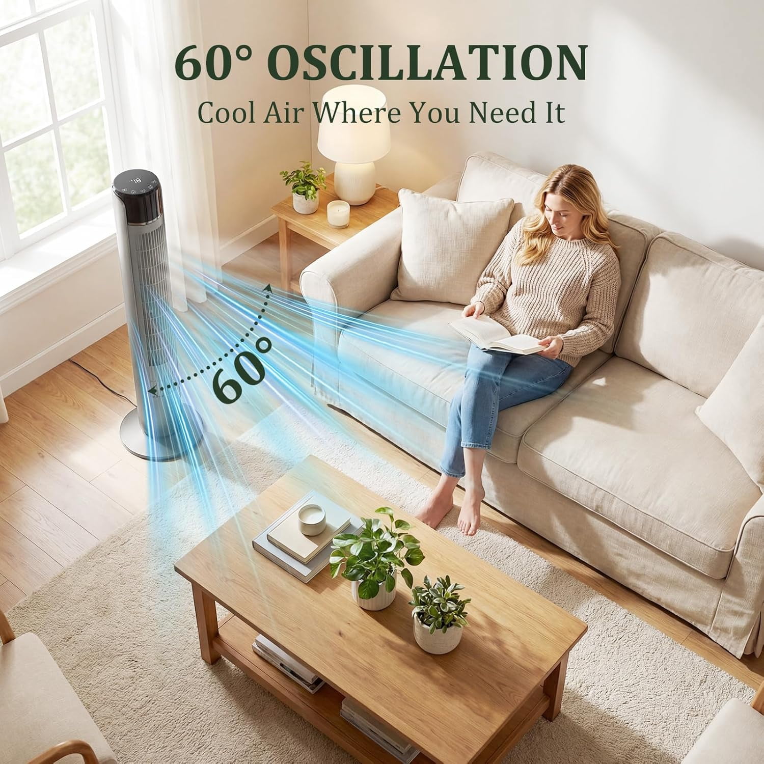 Blazezo Tower Fan With Remote, 60° Oscillating Bladeless Cooling Fan, 28dB Quiet Standing Floor Fan for Bedroom Home Office, 5 Speeds 4 Modes 12H Timer