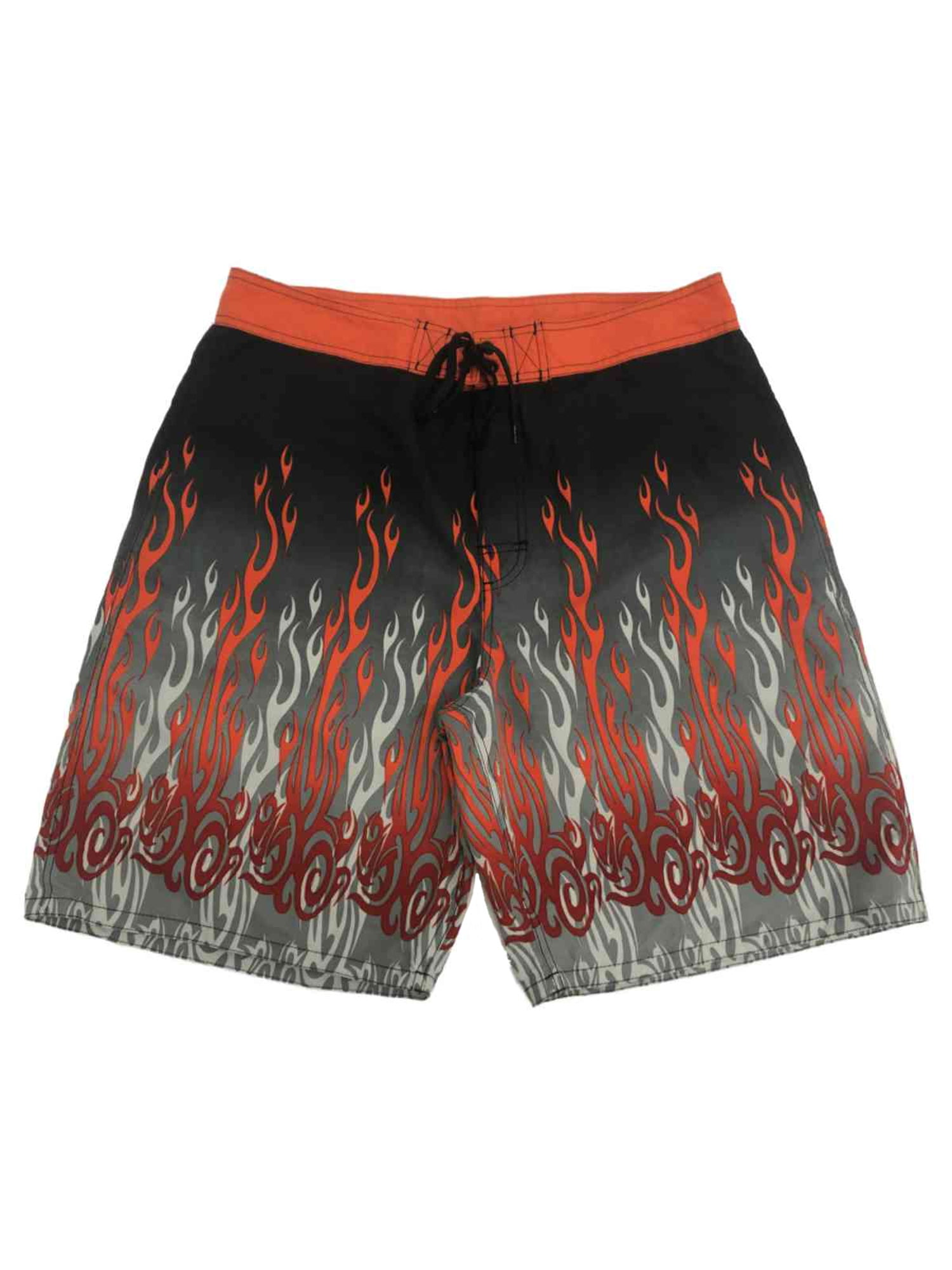 Mens Casual Swim Trunks Orange Fire Camo Red Beach Shorts with Elastic Waist 
