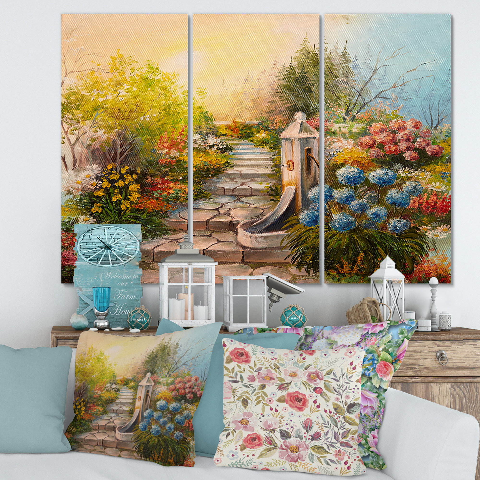 Designart ' Stone Stairs In The Blossoming Flowers Forest ' Traditional Canvas Wall Art Print