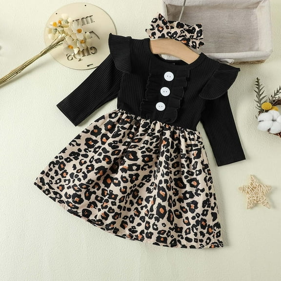 QISIWOLE Infant Toddler Baby Girls Long Sleeve Floral Leopard Print Dress Headband Two Piece Set Clearance !