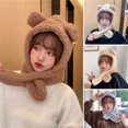 thumbnail image 3 of Women Hat Bear Ear 2-In-1 Solid Color Ears Protection One-piece Autumn Winter Anti Slip Fluffy Beanie Hat Scarf Riding Supplies, 3 of 10