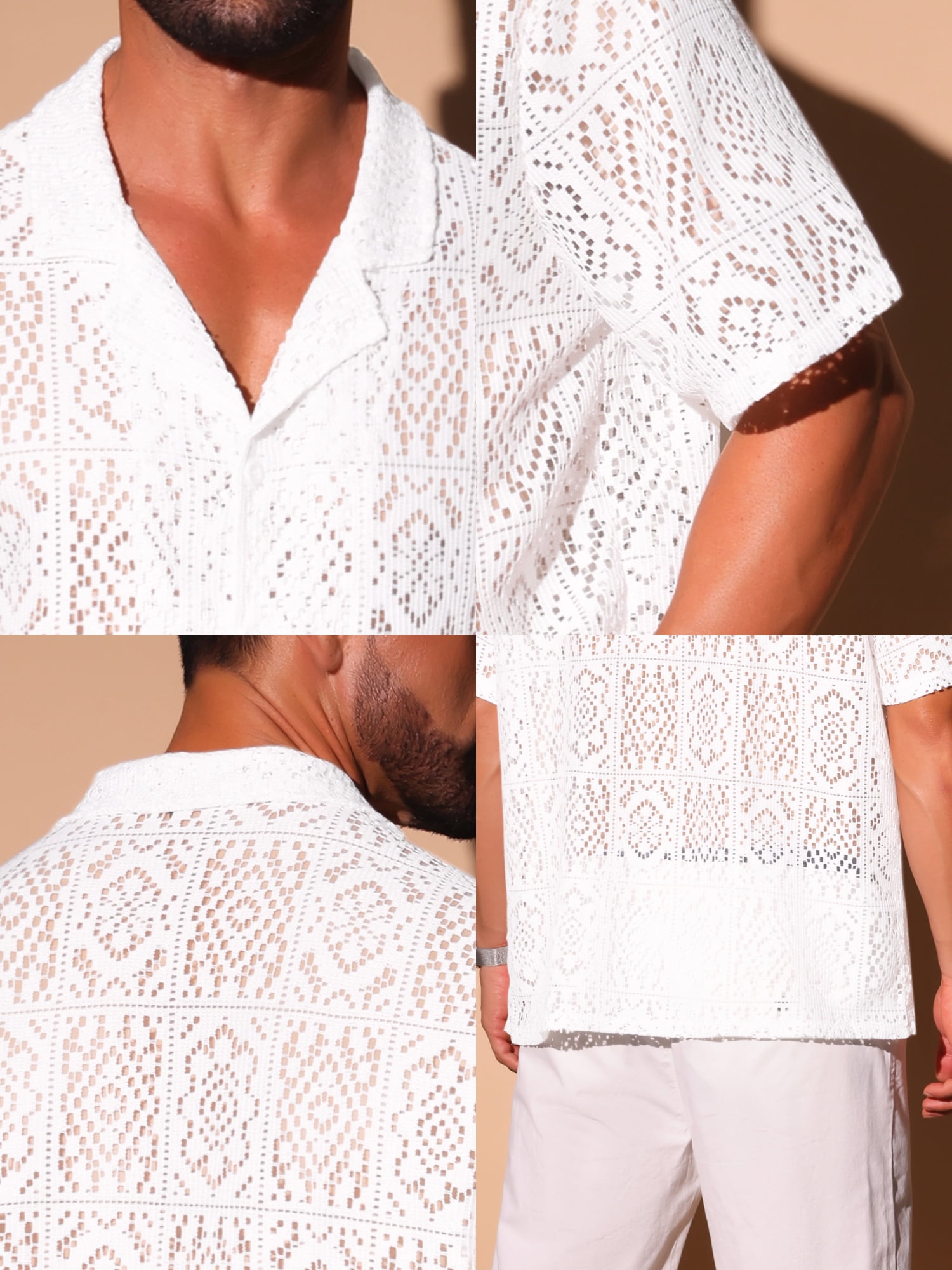 DARING DIVA Men's Hollow Lace Button Down Short Sleeve See Through Mesh Shirts S White