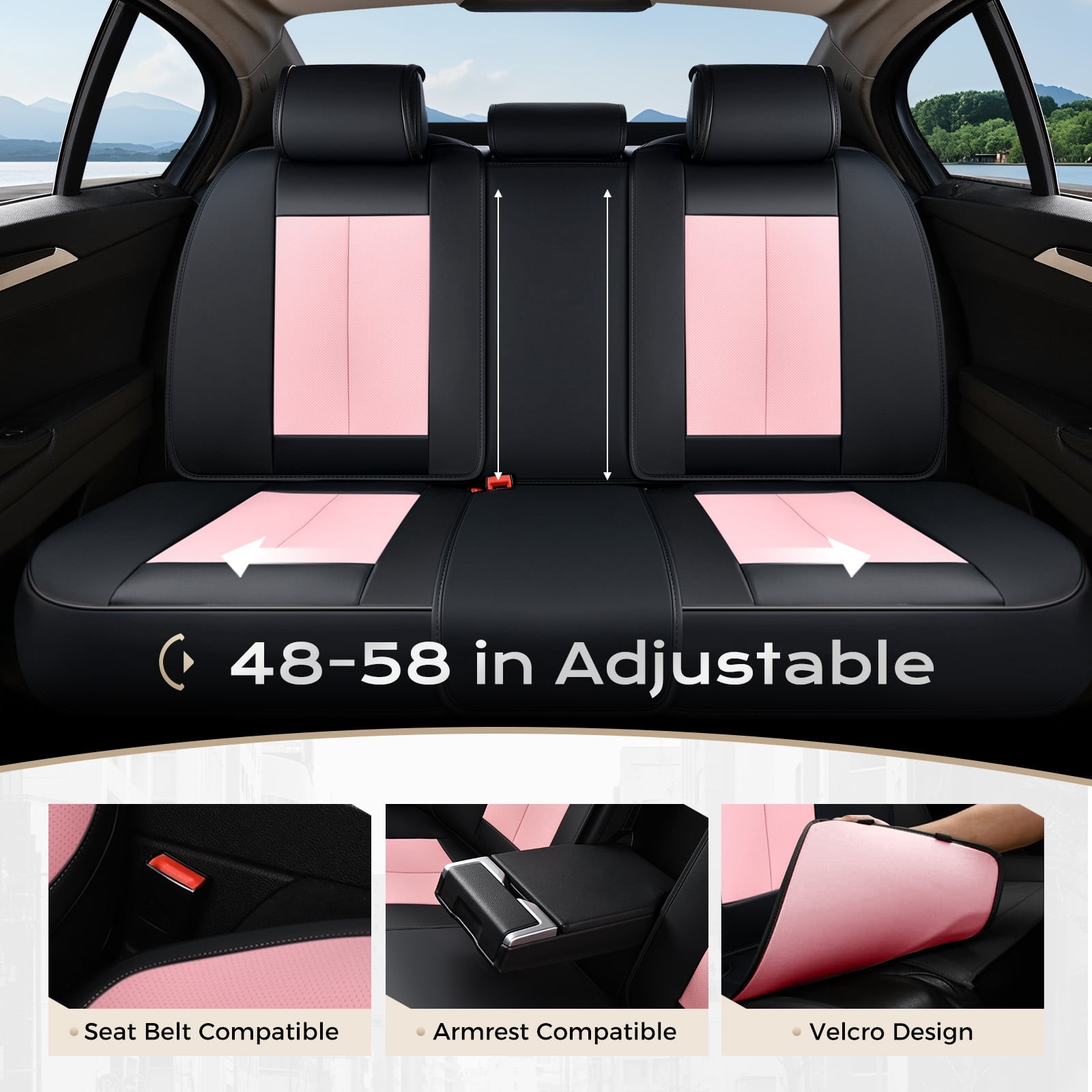 Coverado Black&Pink Car Seat Covers Full Set, Waterproof Premium Leather Front and Back Seat Protectors, Luxury Auto Interior Accessories, Universal Fit Most Cars Sedan SUVs Pick-up Trucks