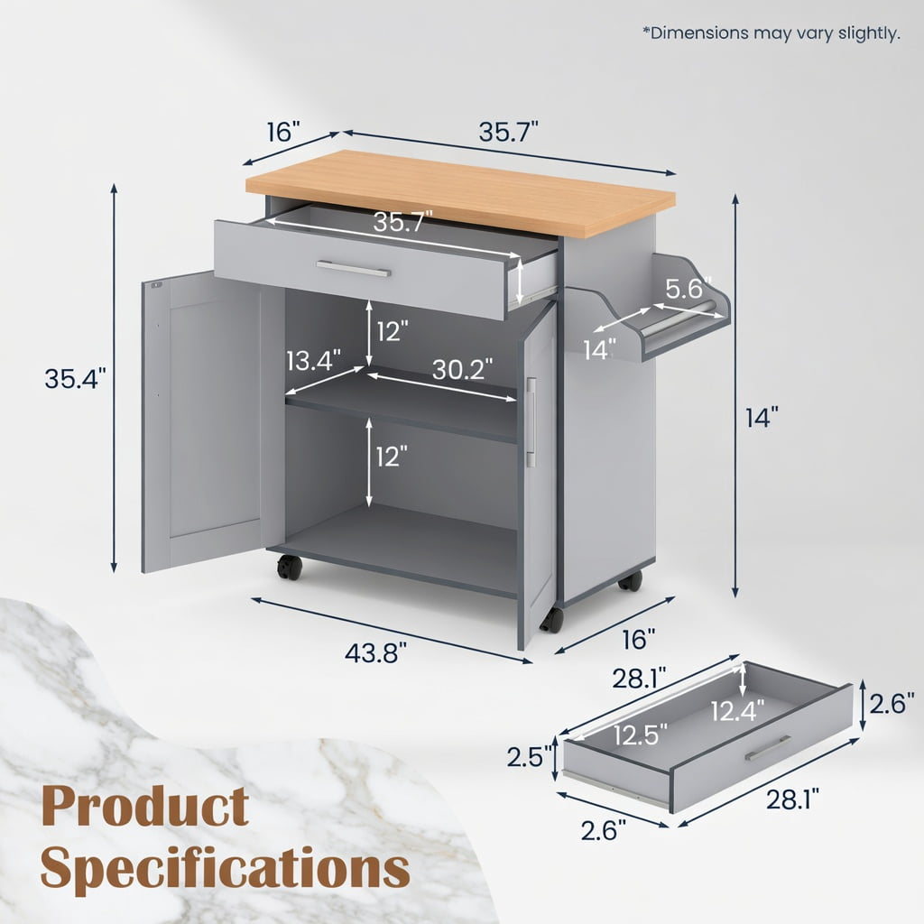 Demi Bonn Rolling Storage Cabinet Cart, Kitchen Island Cart, Rolling Kitchen Island Cart with Towel and Spice Rack, for Kitchen, Dining Room, Gray