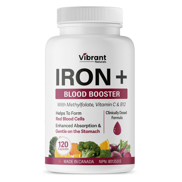 Iron Supplement For Women & Men - Blood Booster With Methylfolate, B12 and Vitamin C - Increase Iron Levels Without Side Effects - Ferrous Iron Bisglycinate - Vegan, Gentle On Stomach - 120 Capsules