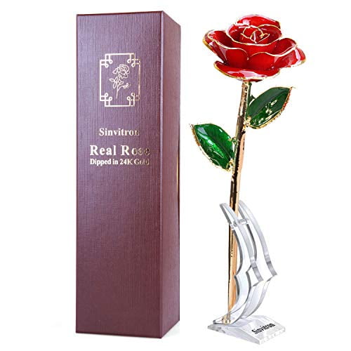 Gold Dipped Rose, Sinvitron Long Stem 24k Gold Dipped Real Rose Lasted Forever with Stand, Best Anniversary Gifts for Her