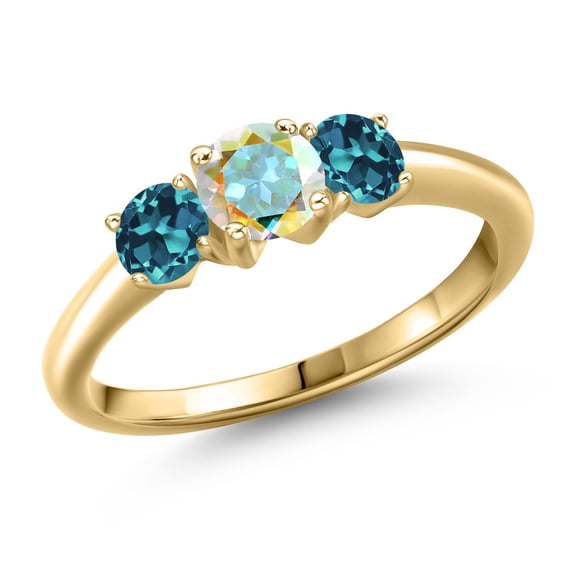 Gem Stone King 10K Yellow Gold Mercury Mist Mystic Topaz and London Blue Topaz Engagement Ring for Women | 1.21 Cttw | Round 5MM | Gemstone November Birthstone | Size 6