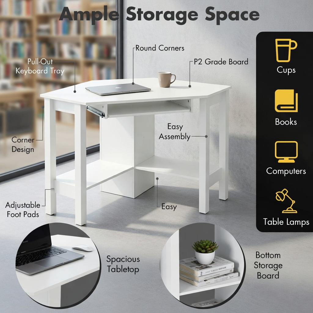Yardi Yard Wooden Study Computer Corner Desk with Drawer-White, Computer Desk, Gaming Computer Desks for Study,Working,Writing