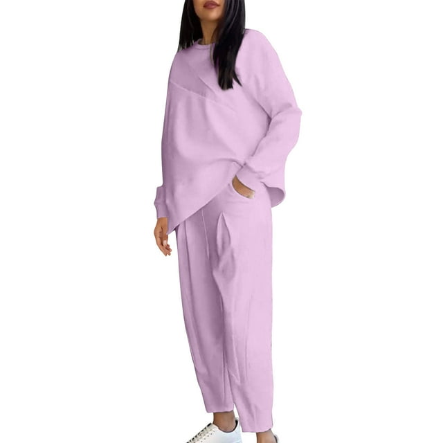 Timegard 2 Piece Lounge Outfits for Women Round Neck Long Sleeve Tops Solid Color Pants with Pockets Plus Size Sets