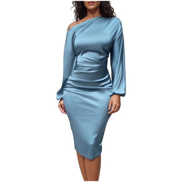 Lenpel Women's Satin Cocktail Dresses off One Shoulder Asymmetrical Neck Long Sleeve Ruched Bodycon Dress Midi Party Dresses(Navy,Medium)