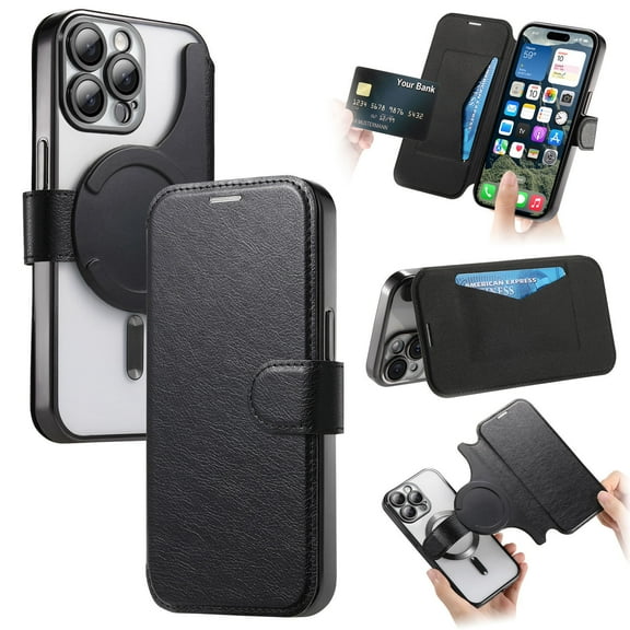 ELEHOLD for iPhone 13 Pro Max Case,Compatible with Mag Safe Accessories, Luxury Business 2 in 1 Detachable Flip Walle PU Leather Clear Soft TPU Back Folio Case   Lens Protector,Black