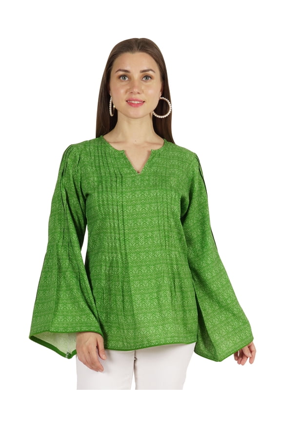 Printed Top Full Sleeve Pleated Rayon Kurta Short Tunic Summer Blouse For Women