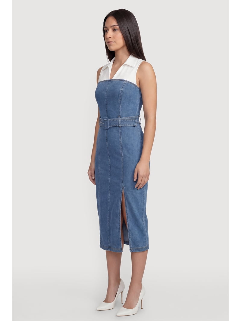 denim dress with slit Mexican Embroidered Strapless Confident and easy all at once Wash Lab Denim Piece Dyed