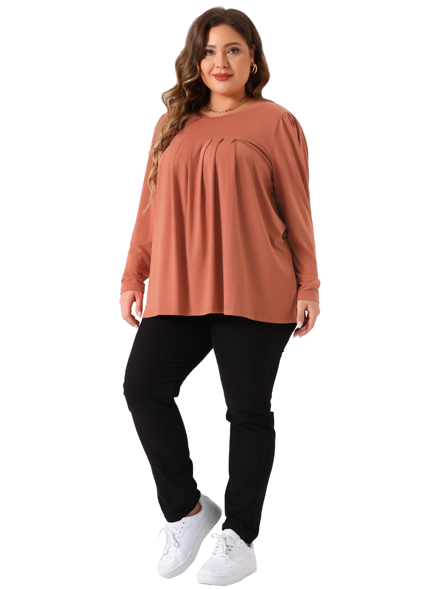DARING DIVA Women's Plus Long Sleeve Pleated Crew Neck Blouse 2X Orange