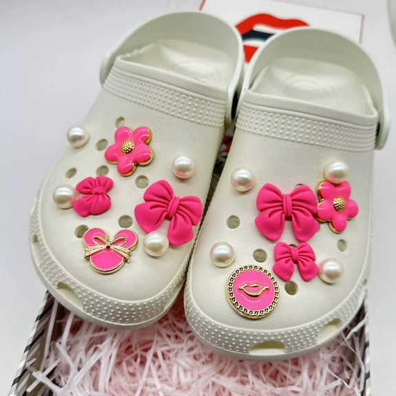 Cute Flower Shoe Charms for Girls, Pink Hippie PVC Shoe Decoration Charms for Clog Sandals, DIY Pearl Accessories for Party Favor