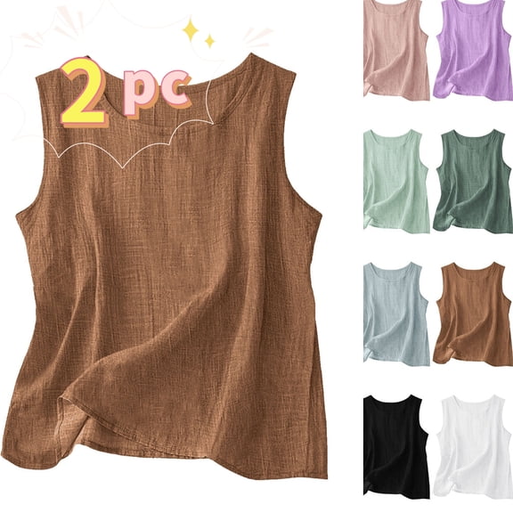 Gamivast 2 Pack Linen Tank Tops for Women Sleeveless Crew Neck Loose Fit Summer Tops Basic Casual Shirts Vacation Beach Linen Look outfits Wear