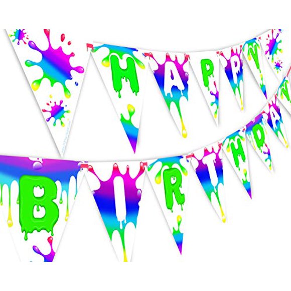Slime Rainbow Happy Birthday Banner Pennant - Slime Party Decorations - Rainbow Party Supplies - Slime Party Supplies - Rainbow