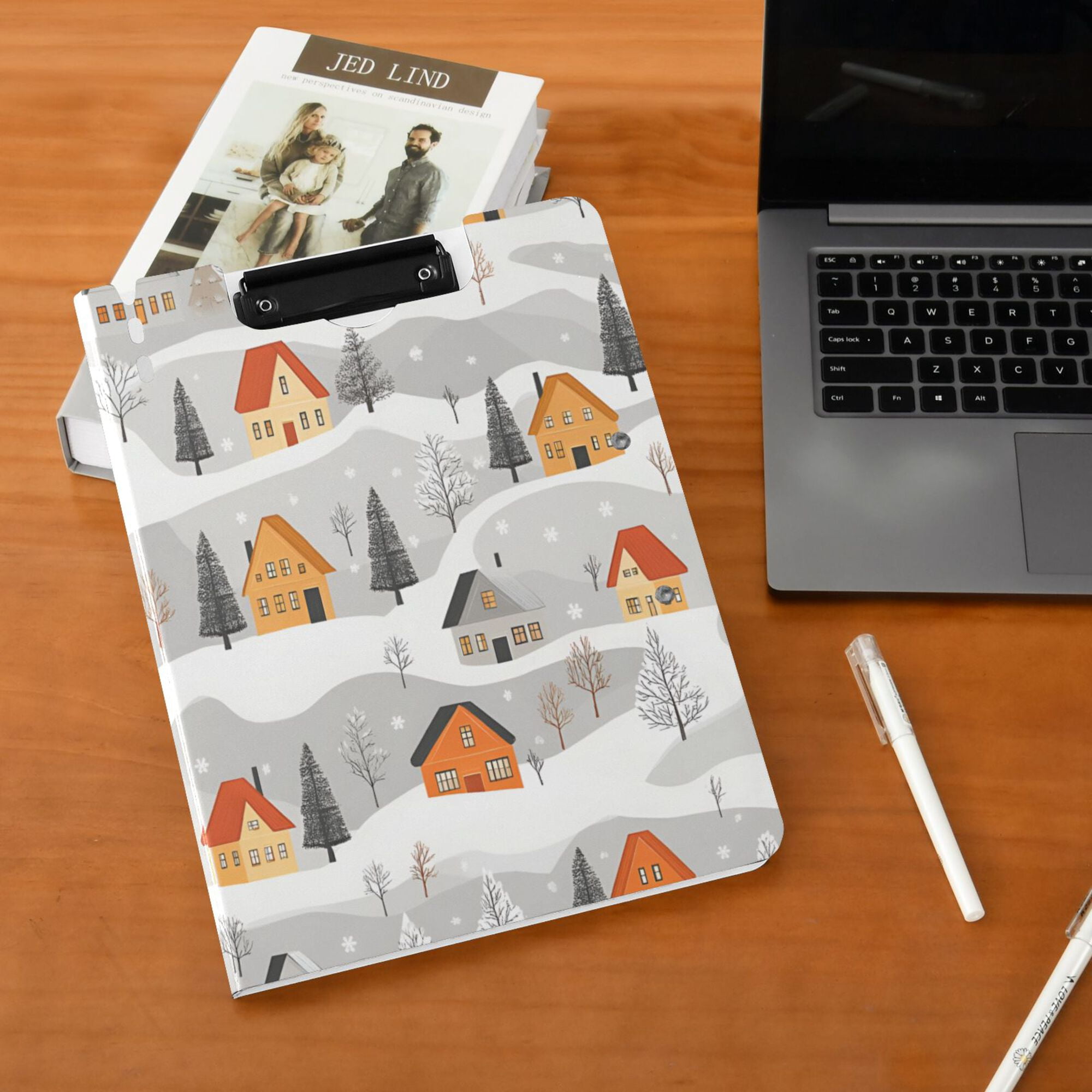 FORMRS A4 Clipboard Folder with Pen Holder Horizontal Foldable School Office Binder, Orange Snow Houses
